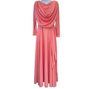 Vintage 70s Bernie Bee Pink Draped Maxi Dress Disco Goddess Gown Sz 18 Statement